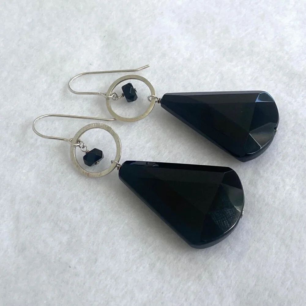Deb Guyot Sterling Silver 925 Faceted Teardrop Black Tourmaline Dangle Earrings